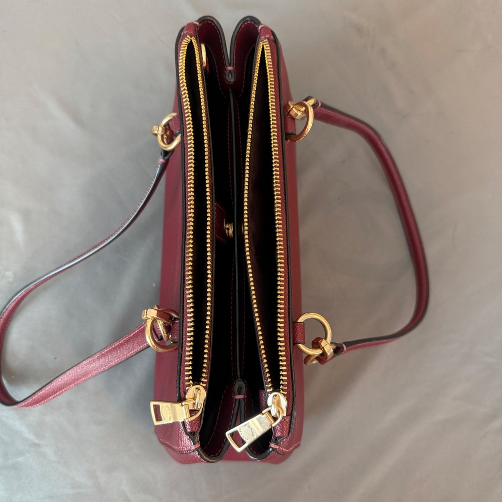 Coach Burgundy ETTA Carryall Crossgrain Leather Triple Zip Gold Hardware Handbag - Picture 7 of 12